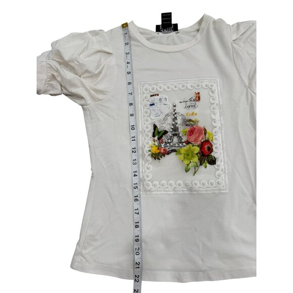 Gracia Womens Top Puff Sleeve White Paris Eiffel Tower Floral Embroidered Size S - Picture 7 of 8